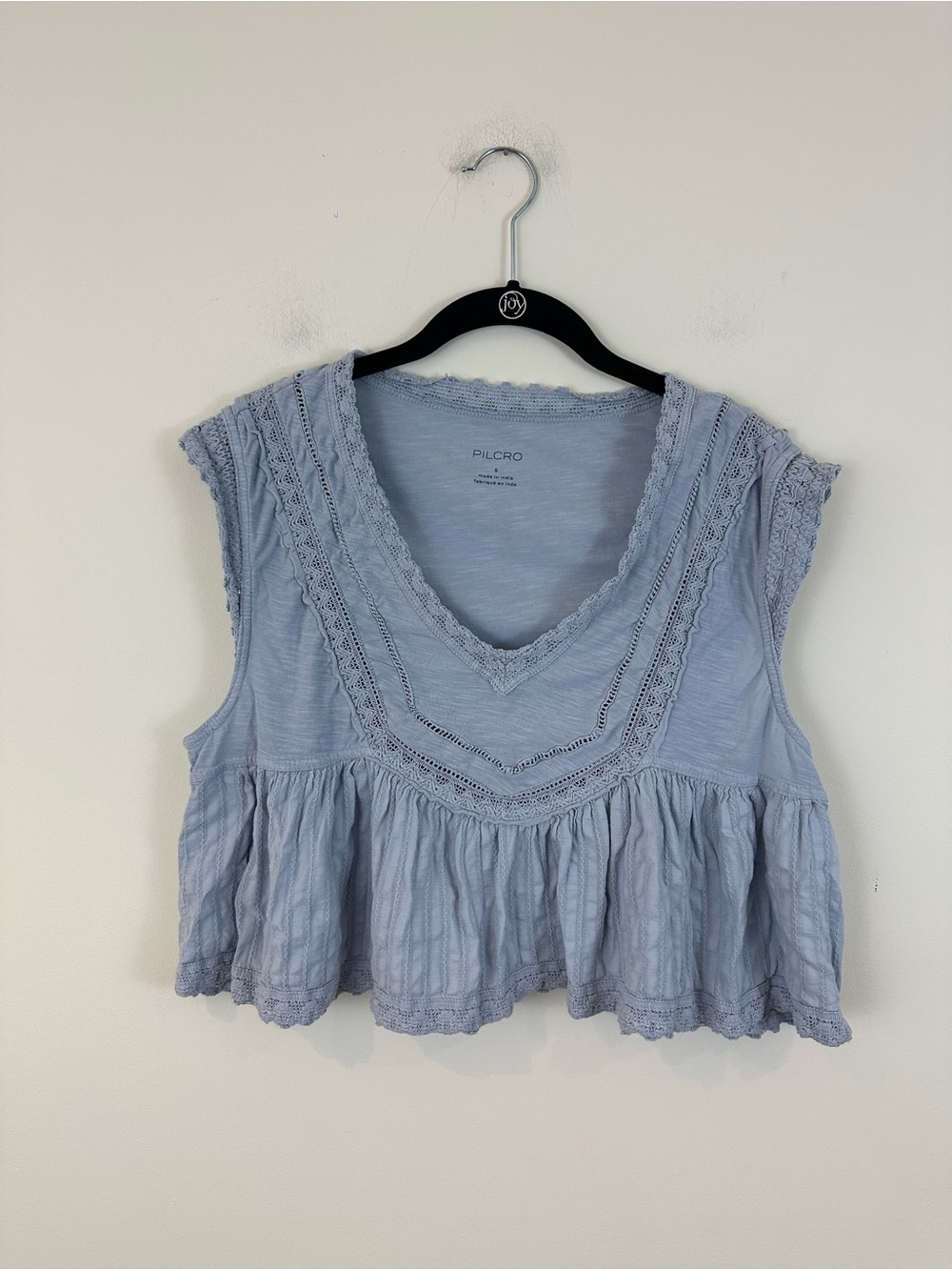 Pilcro Light Blue Lace-Trim Peplum Blouse Cropped Length Size Small Women's